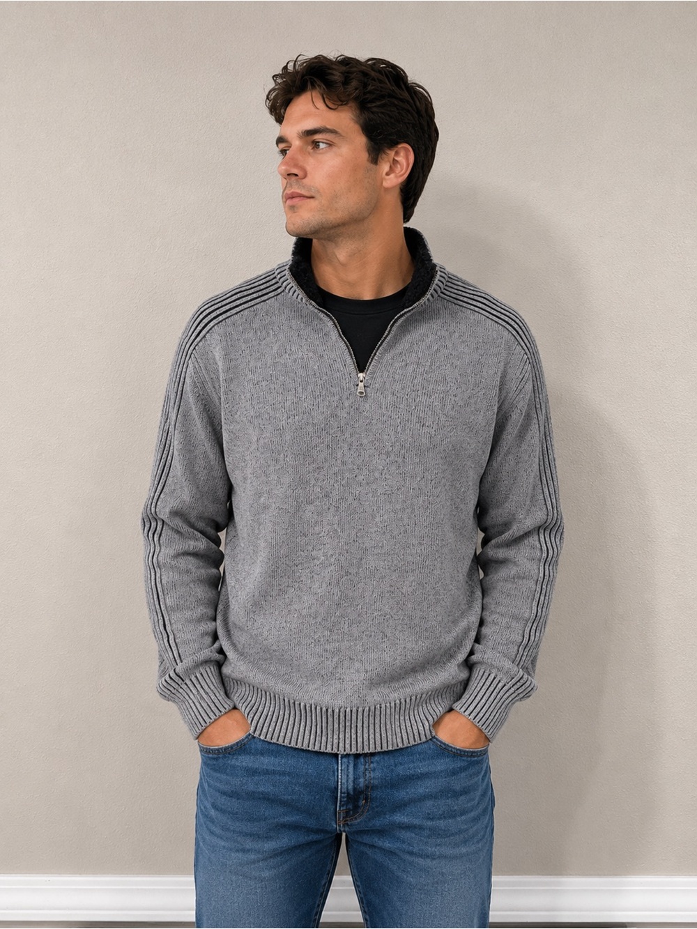 BKE Men's Grey Quarter-Zip Ribbed Sweater